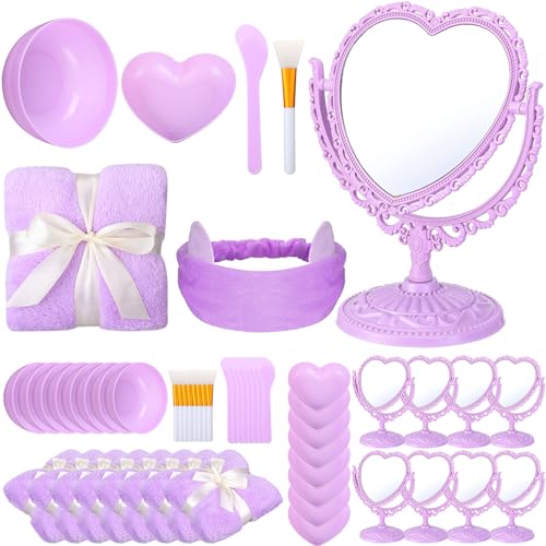 8 Set Spa Party Supplies 8 Heart Shaped Mirrors 8 Silicone Face Mask Brushes 8 Face Mask Mixing Bowl 8 Headband 8 Spa Facial Towel 8 Heart Dish Bowls for Sleepover Slumber Party (Purple)
