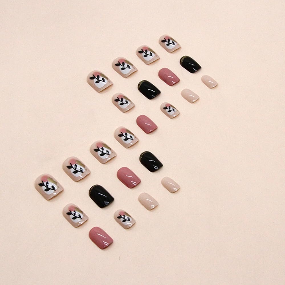 24 Pcs Short Press on Nails Square Fake Nails Acrylic False Nails with Retro Black Gold Leaves Designs Short Acrylic Nails Glossy Glue on Nails for Women