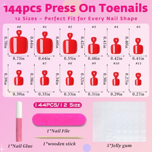AddFavor Tomato Red Press On Toenails - 144pcs Full Cover Fake Nails for Women