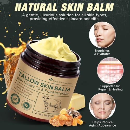Beef Tallow for Skin & Face Cream with Castor Oil and Frankincense, Natural 100% Grass Fed, Whipped Beef Tallow Balm Deeply Moisturizing for Face & Body Care, 4.2 oz