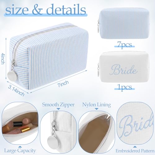 8-Piece Bridesmaid Makeup Bags Set | Seersucker Cosmetic Pouch Bulk