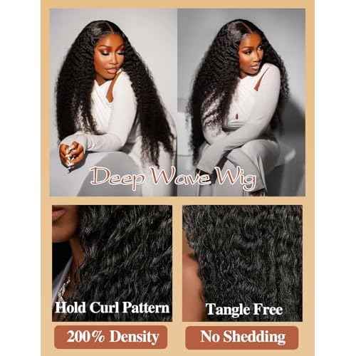 30 Inch 13x6 Deep Wave Lace Front Wigs Human Hair 200 Density Hd Transparent Lace Frontal Wigs Human Hair Pre Plucked with Baby Hair Glueless Deep Curly Wig for Women Natural Color