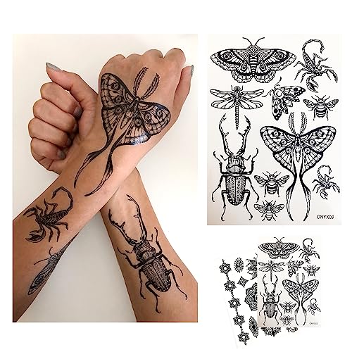 Temporary Tattoo for Adult Women - 2 Sheets - Black Big Moth Beetle Scorpion Dragonfly Bee Insect Sleeve Words Adults Tattoos