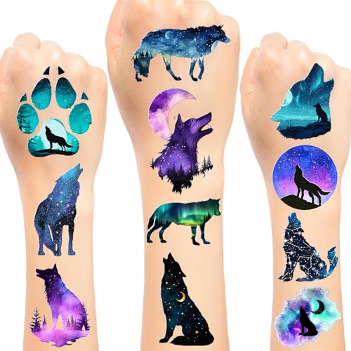 Galaxy Wolf Temporary Tattoo Stickers - 20 Sheets (120 Designs)