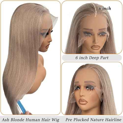 Smavida Straight Ash Blonde 13X6 HD Lace Front Wigs Human Hair for Women 24 Inch Colored Ash Blonde Deep Parting Glueless Lace Frontal Wigs 180% Density Pre Plucked with Baby Hair