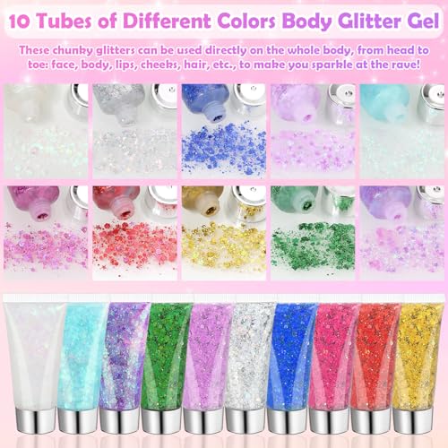Flasoo 10 Color Body Glitter Gel Kit - Face Sparkle for Festivals