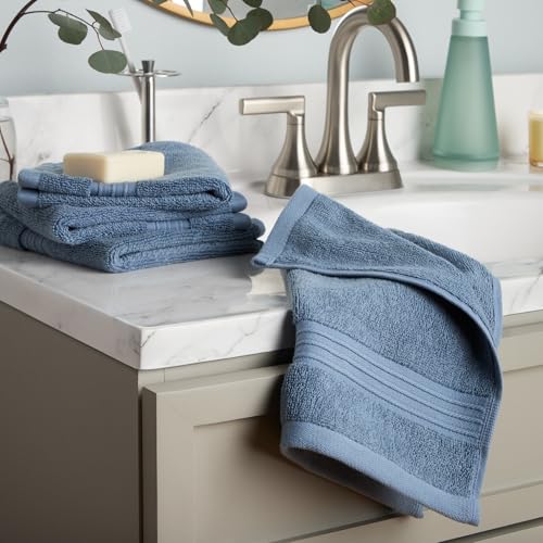 Town & Country Everyday 4-Piece Solid Dobby Border Washcloth Set, 13x13-Inch, 100% Cotton, Plush & Absorbent 650GSM, Blue