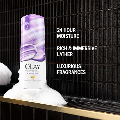 Olay Indulgent Moisture Body Wash for Women, Infused with Vitamin B3, Notes of Elderberry and Almond Cream Scent, 20 fl oz