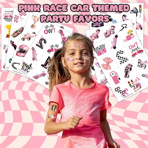96 PCS Pink Race Car Pre-Cut Temporary Tattoos Birthday Party Decorations Supplies Favors Pink Two Fast One 1st Hot Checkered Decor Stickers Gifts For Boys Girls Classroom School Prizes Reward