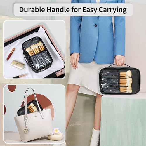 OCHEAL Clear Makeup Bag, Portable Cosmetic Organize,Travel Makeup Bag Cute Clear Pouch For Women and Girls Cosmetics Bags with Divider Makeup Brush Compartment-Black PU Leather