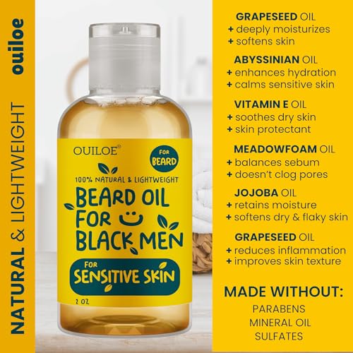 Beard Oil for Black Men with Sensitive Skin - Non Comedogenic Beard Oil - Safe for Acne Prone Skin - Unscented, Soothing, Natural, Lightweight and Non Greasy 2oz