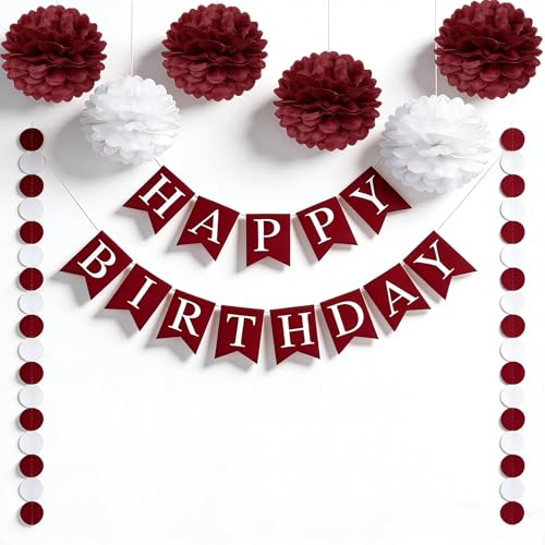 Burgundy Maroon Party Decorations Set - 8pcs Hanging Garland & Pom Poms