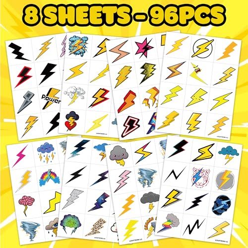 96 PCS Cute Funny Lightning Bolt Pre-Cut Temporary Tattoos Sticker Funny Tornado Birthday Party Decorations Supplies Favors Gifts Baby Shower Boys Girls Cute Fake Tattoo School Reward Themed