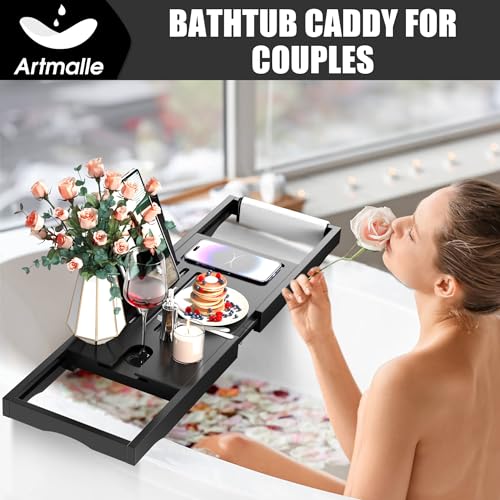 Artmalle Bathtub Tray for Tub, Expandable Bamboo Bath Caddy Tray with Book Stand for Home Spa Relaxing, Foldable Minimalist Bathroom Accessories for Women Men (Simple, Black)