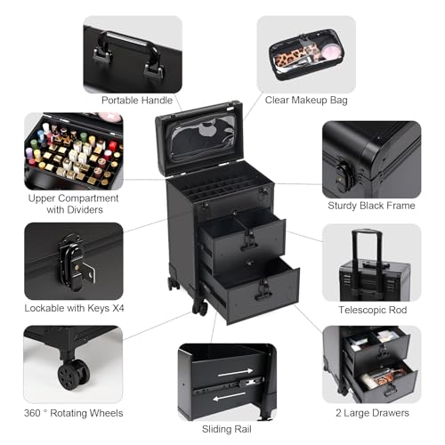 Rolling Makeup Case with Drawers & Nail Polish Organizer
