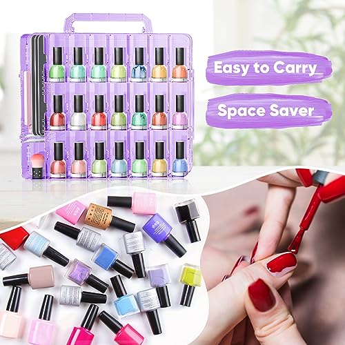 JIASHENG Nail Polish Organizer Case Holders, 48 Bottles Universal Nail Storage Box for Double Side Adjustable Space Divider for Acrylic Nail Gel Dip Powder Tips Set with Toe Separator, Purple