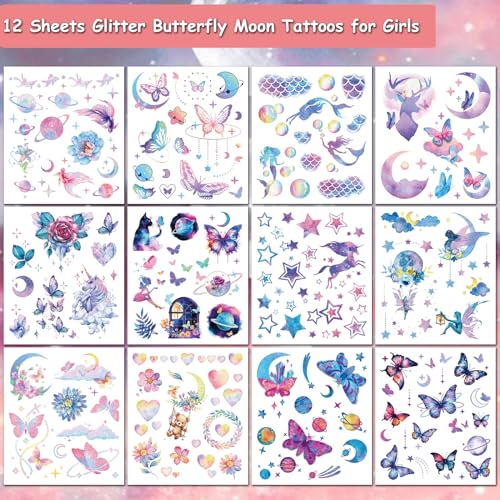 Glitter Butterfly Temporary Tattoos for Girls, 12 Sheets