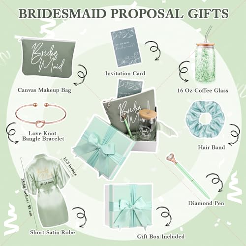 Irenare Bridesmaid Proposal Gifts Set Robes Makeup Bag Cup Cards Hair Tie Bracelet Diamond Pen Bridesmaid Gift Box(Green,8 Pcs)