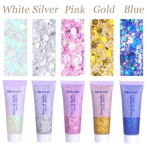 Face Body Glitter, Hair Glitter Sparkles Chunky Face Glitter Gel for Girls Makeup Singer Concerts Mermaid Festival Sequins Face Paint (White+Silver+Pink+Gold+Blue)