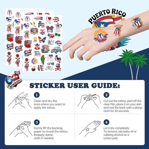 Puerto Rico Temporary Tattoos, 8 Sheets 200+ PR Rican Flag Fake Tattoo Stickers, Puerto Rico Party Decorations for Patriotic Anniversary Veterans National Day Festival Decor