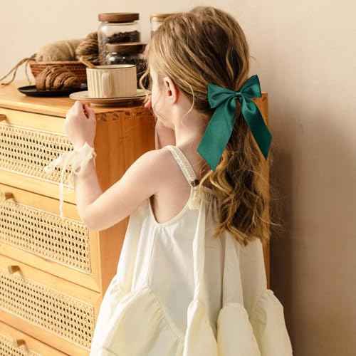 4in Christmas Dark Green Hair Bows Alligator Clips for Teen Toddler Girls, 2pc Solid Silky Satin Polyester Ribbon Ponytail Holder Barrettes Party Dress Accessories Kids Xmas Gift
