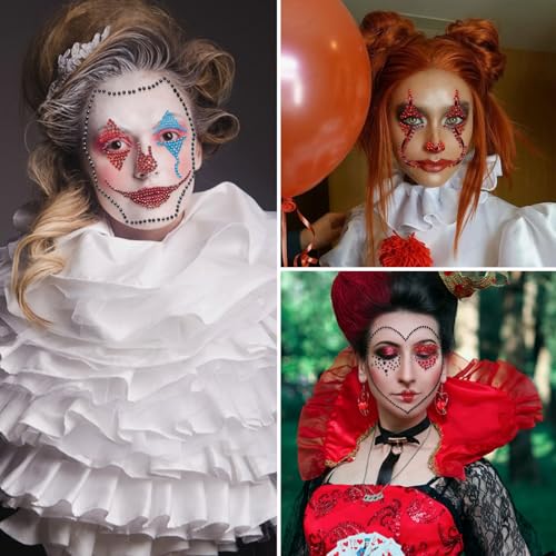 3 Pcs Clown Face Gems Jewels Makeup Sticker 3D Gemstone Face Stickers Scary Clown Rhinestone Face Jewel Glitter Sticker Temporary Tattoos for Halloween Carnival Day of the Dead Party Decoration