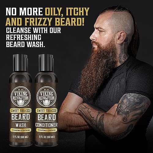 Viking Revolution Beard Wash and Beard Conditioner for Men with Argan Oil and Jojoba Oil - Beard Softener and Strengthener Beard Care Beard Shampoo and Conditioner with Beard Oil (5oz, Sweet Tobacco)