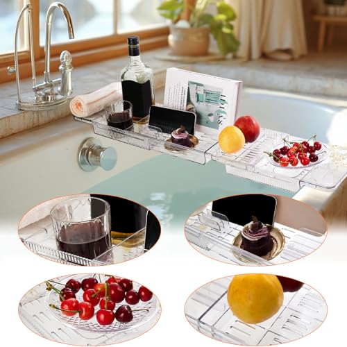 Expandable Bath Caddy Tray, Anti-Slip Acrylic Organizer Fits Tubs to 31.7"