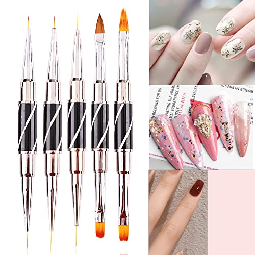 JERCLITY 5pcs Twill Black Double-Ended Nail Art Brushes Set Nail Liner Brush Nail Lace Brush Round Flat Gel Builder Brush Nail Carving Pen 3D Painting Brush Nail Design Tools for Acrylic Nails