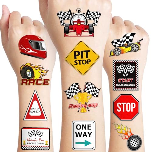 96 PCS Race Car Pre-Cut Temporary Tattoos Sticker Racing Pit Crew Checkered Flag Birthday Party Decorations Favors Supplies Gifts Boys Girls Cute Fake Tattoo School Prizes Carnival Theme (Normal)