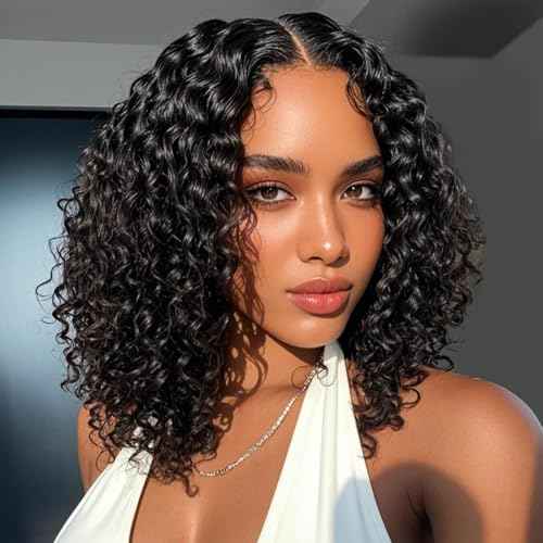 Short Wet and Wavy Curly Lace Front Wigs Human Hair 14Inch, 4x4 Water Wave Lace Frontal Bob Wig Human Hair Glueless Pre Plucked 150% Density Natural Black Color