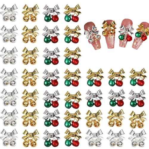 40Pcs Christmas Bell Nail Charms Gold Silver Bell Xmas Nail Charms for Acrylic Nails Red Green Alloy Bell Nail Gems and Charms Nail Jewelry for Women DIY Manicure Accessories