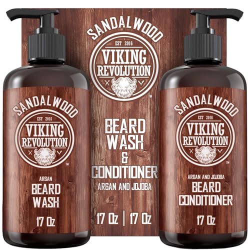 Viking Revolution Beard Wash & Beard Conditioner Set with Argan & Jojoba Oils - Softens and Strengthens - Natural Sandalwood Scent - Beard Shampoo with Beard Oil (17 oz)