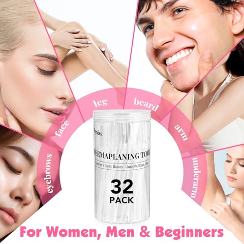 32-Pack Face Razors for Women ? Dermaplane & Eyebrow Razor Set, 24 Long + 8 Short Precision Blades for Peach Fuzz Removal, Gentle Exfoliation, Ideal for Stocking Stuffers (Clear)