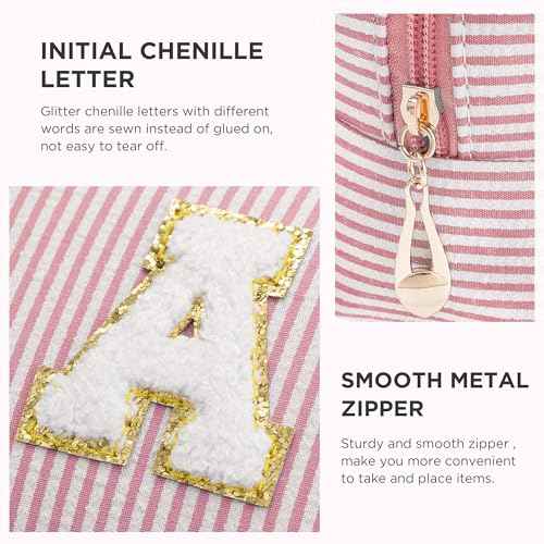 Pink Personalized Initial Makeup Bag Set, Cute Preppy Travel Toiletry Cosmetic Bags, Small Make Up Pouch, Birthday Gifts for Women, Girls, Friends, (M)