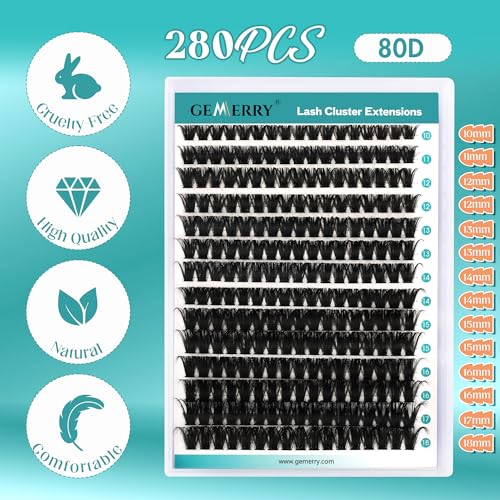 GEMERRY DIY Lash Extension Kit for Beginners 280 PCS Individual Lash Clusters Kit 0.07D 10-18 MIX Eyelash Extension Kit Lash Glue for Eyelash Extensions(80D-0.07D,10-18MIX-KIT)