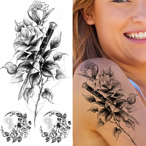 Temporary Tattoo 3 Sheets Large Tattoo for Men Women Adults Waterproof Friction Resistant Low Reflective Lasts 5-7 day Theam Danger & flowers