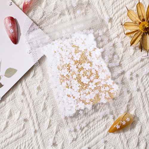Nail Charms, 1000Pcs 3D Flower, White Acrylic, Metal, Pearl, Mix Sized, Spring Cherry Blossom Gems Design for Women Nail Decorations