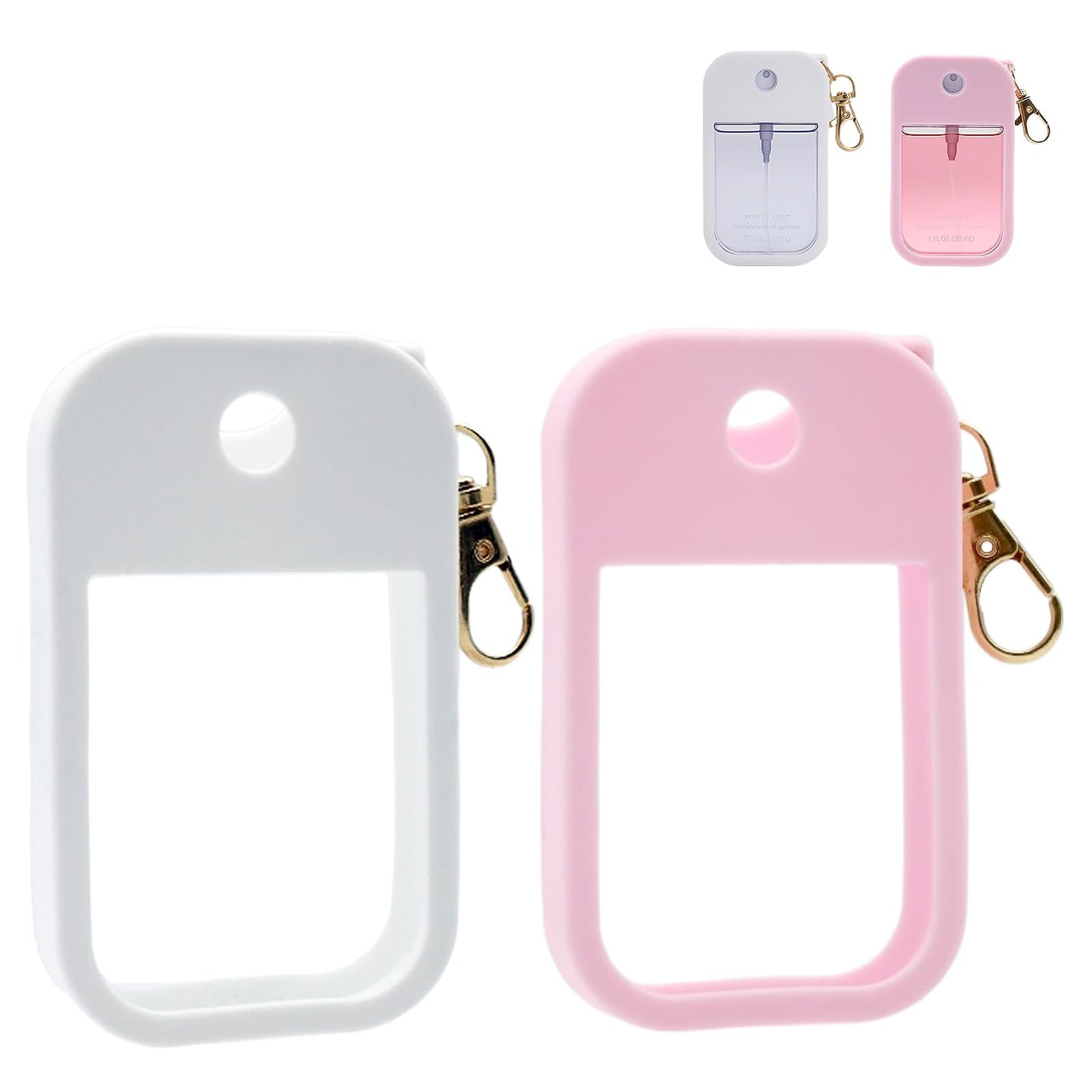 Adabuli 2 Sets Silicone Case Compatible with Touchland Hand Sanitizer Spray 1 FL. OZ./30 mL, Stylish Hand Sanitizer Mist Accessory with Portable Keychain (Pink, White)
