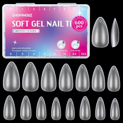 SHOWMORE 600Pcs Medium Almond Nail Tips Soft Gel Pre-shaped Full Matte Full Cover Acrylic False Nail Tip Press on Nails for Nail Extension DIY Salon 15 Sizes