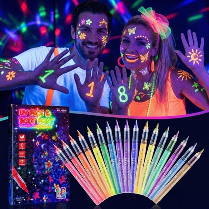 18-Color UV Glow Body Paint Pens - Neon Temporary Tattoo Markers