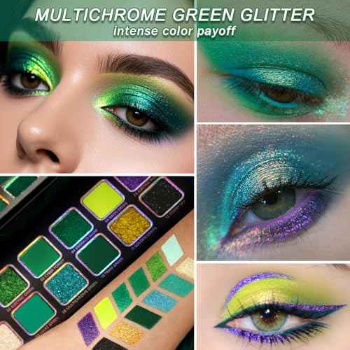 Afflano Multichrome Green Eyeshadow Palette, Color-Shifting Green Glitter Eyeshadow Pallet, Matte Chrome Eye Shadow Dark Forest green Makeup for Women Smokey Blue Brown Eyes Cosplay Party Daily Use
