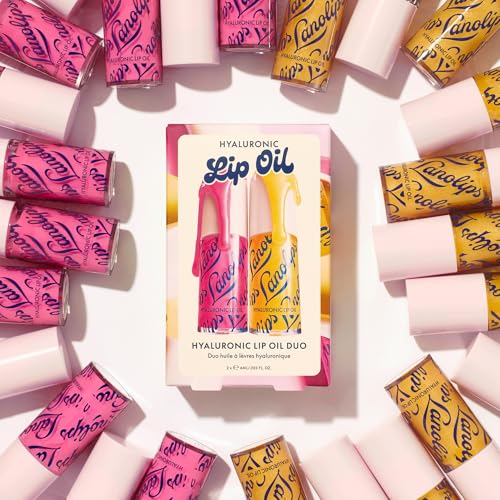 Lanolips Hydrating Lip Oil Duo Gift Set - Plumping Lip Gloss in Honey & Raspberry - Infused with Lanolin Oil, Hyaluronic Acid & Vitamin E - Non-Sticky, Glossy Finish (2 Pieces)