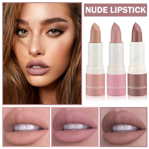 Matte Nude Lipstick Set - 3PC Velvet Long-Lasting Lip Stain