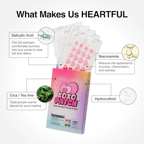 FreeGo XOXO Hydrocolloid Pimple Patch, 120 Counts | Cute Colorful Heart Shape | Salicylic Acid, Niacinamide, CICA, Tea Tree, Eucalyptus | Absorb, Heal Pimple and Protect Skin | Made in Korea