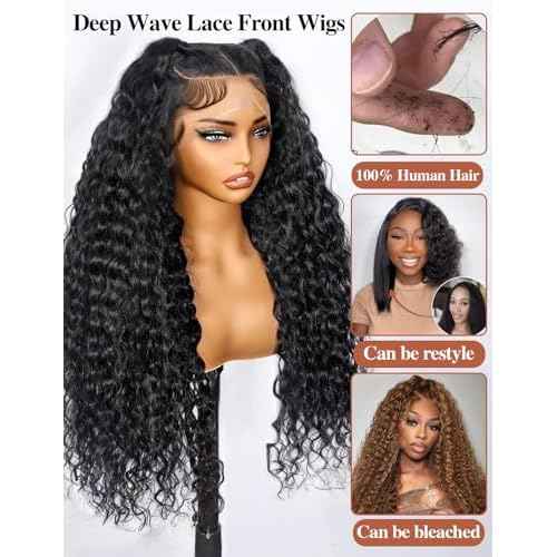 30 Inch 13x6 Deep Wave Lace Front Wigs Human Hair 200 Density Hd Transparent Lace Frontal Wigs Human Hair Pre Plucked with Baby Hair Glueless Deep Curly Wig for Women Natural Color