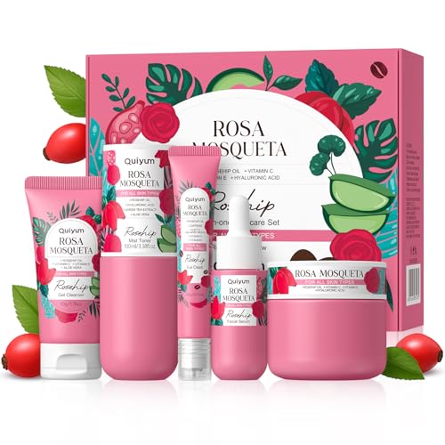 Skin Care Set, with Natural Rosehip Oil, Vit-C & E Skincare Kits 5 Pcs- Restore Skin Elasticity, Refine Texture, Even Tone, Moisturizing, Glowing, for All Skin Types, Mother's Day Birthday Gift