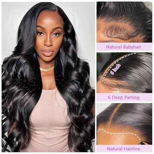 30 Inch Lace Front Wig Human Hair Pre Plucked 13x6 Body Wave HD Lace Front Wigs for Women Natural Black 200% Density Glueless Wigs with Baby Hair