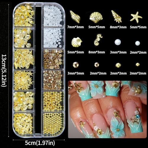 12-Grid Gold Ocean Nail Charms Set - Seashell & Starfish Designs