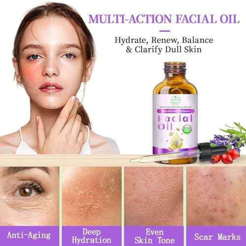 Organic Face Oil with Lavender, Rosehip, Frankincense, Pomegranate & Vitamin E - USDA Certified Cold Pressed 100% Natural Anti-Aging Facial Oil for Moisturizing, Brightening - 1oz / 30ml
